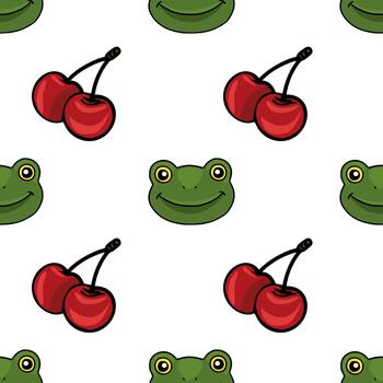 Whimsical pattern featuring smiling green frogs and ripe red cherries on a clean white background, perfect for playful designs. vector