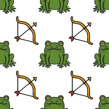 Seamless pattern featuring playful green frogs and golden bows with red arrows against a white background, perfect for whimsical designs. vector