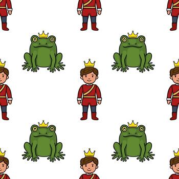 Seamless pattern featuring a charming prince in a red royal outfit and a green frog, both adorned with golden crowns, set against a clean white background. vector