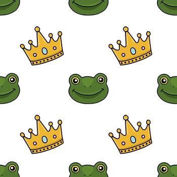 Whimsical seamless pattern featuring smiling green frogs and golden crowns with colorful gems. vector