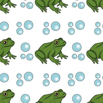 Whimsical repeating pattern of green frogs and blue bubbles on a white background, perfect for children's themes. vector
