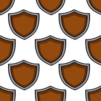 Seamless repeating pattern of a brown shield with a metallic gray border and black outline, presented as a simple graphic illustration. vector
