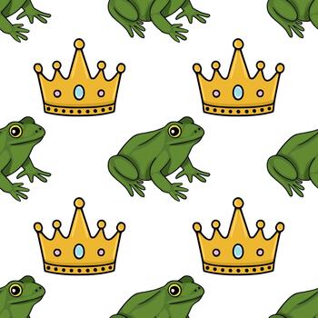 sin costura repitiendo modelo presentando caprichoso verde ranas adornado con dorado coronas en un limpiar blanco fondo, evocando un cuento de hadas tema. vector