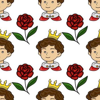 Charming cartoon pattern of a smiling prince with a golden crown and a single red rose, set against a clean white background. vector