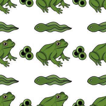 Seamless pattern featuring playful green frogs and tadpoles in a repeating, whimsical design. vector