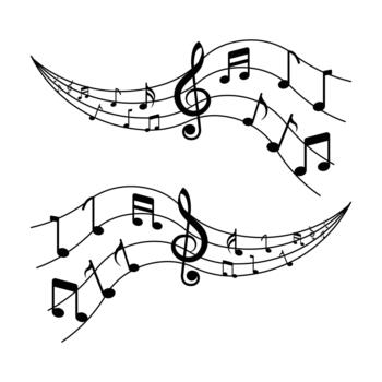 Music notes wave set. treble and bass clef melody for orchestra icons. Wavy and round frames with different notes of musical notation. illustration collection. vector