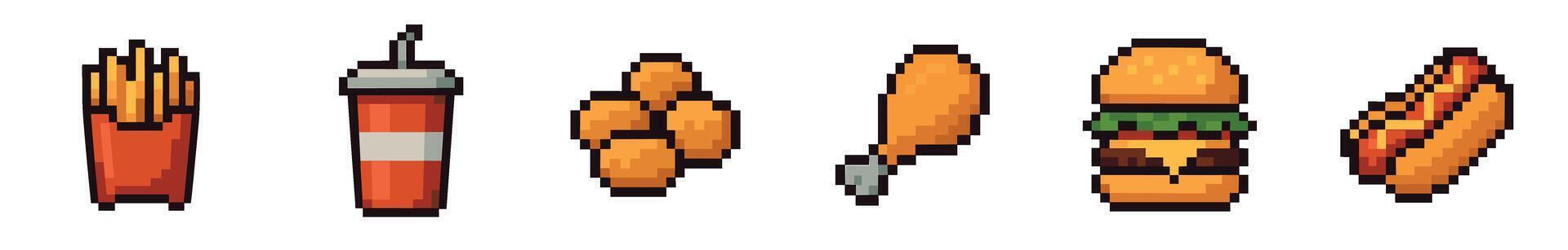 fast food icons featuring a hamburger, french fries, soda, chicken nuggets, and a hot dog in a retro 8-bit game graphic style vector