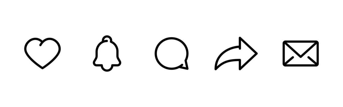 Social media icon set. Heart, bell, chat, share and mail illustration. Clean outline symbol for interface and apps sign. Minimal communication concept pictogram. vector