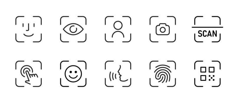Scan icon. Biometric frames for face, eye, fingerprint, touch and voice recognition illustration. User identification tools, security access methods and modern authentication system sign. vector