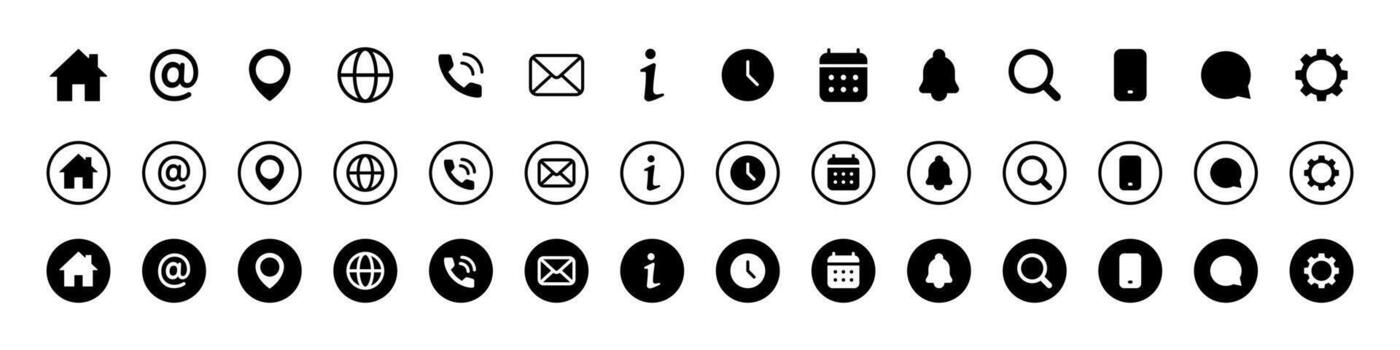 UI icons. Home, at sign, location pin, globe, phone, mail, info mark and other interface elements in mixed outline and solid style. Communication and navigation tools for apps sign and web design. vector