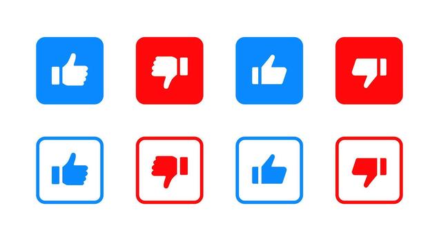 Like dislike buttons. Blue and red square thumb buttons for feedback and rating . Clear approve and reject gestures for UI choice sign. Simple reaction options for social interfaces pictogram. vector