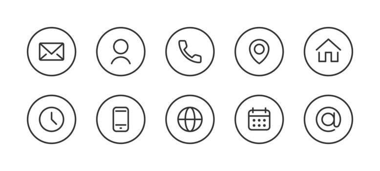 Contact icon set. Email, user, phone, location, home, clock and other minimal symbols in clean circle design illustration. Interface navigation element sign. Modern communication pictogram. vector