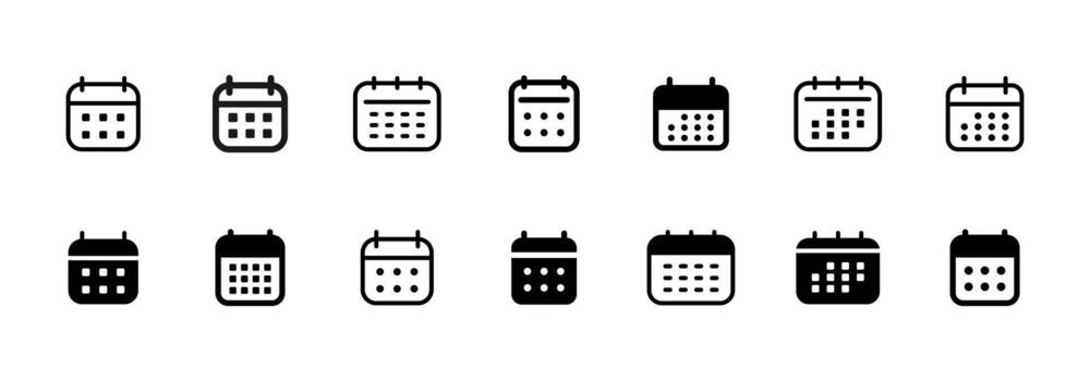 Calendar icon set. Minimal date planner symbols in outline and filled styles illustration. Schedule element for marking events sign. Modern agenda interface pictogram concept. vector