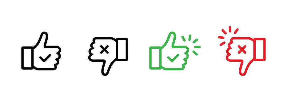 Like dislike icon. Outline thumbs with check and cross marks for approve or reject feedback symbol. Clear vote gesture for UI rating sign. Minimal choice action for web interface concept pictogram. vector