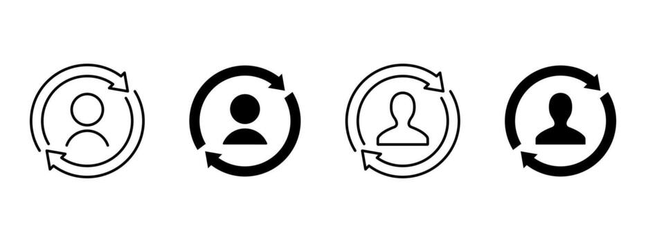 User update icon. Profile avatar inside circular refresh arrows illustration. Account sync loop showing data renew and user management cycle symbol for system update concept. vector
