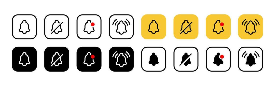 Notification icon set. Bell alert with optional silence and badge variations illustration. App interface symbol for reminders and message alerts sign. Mobile UI concept pictogram. vector