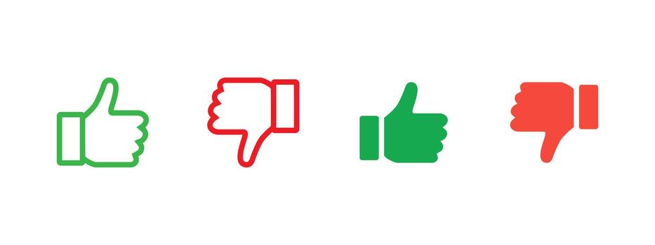 Like and dislike icon. Green and red hand gestures show approval and rejection in a simple flat style illustration. Useful feedback symbol for UI design sign and social interaction pictogram. vector