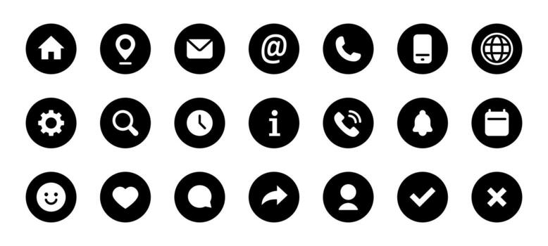 Black circle UI icons. Solid home, location, mail, phone, user, chat, settings and other interface elements in round shape illustration. Essential navigation tools for apps sign and modern web. vector