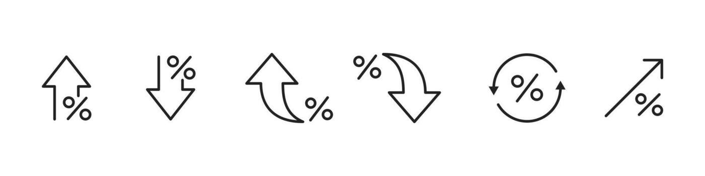 Arrow icon. Linear up, down and curved arrows with percent marks showing rate growth and decline illustration. Finance trend movement, market change analysis and economic data direction sign. vector