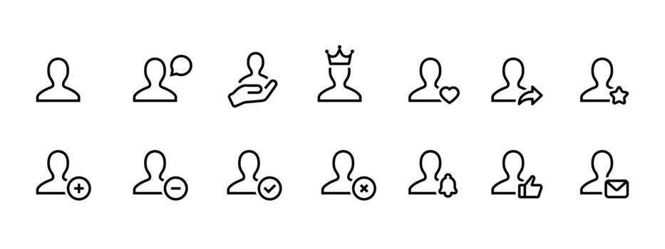 User icon set. Clean profile symbol with actions like add, remove, follow and message . Simple avatar sign for social accounts and contacts. Modern interface pictogram for communication concept. vector