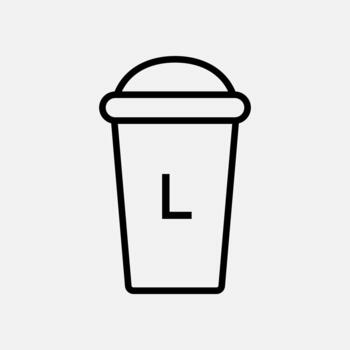 Large coffee cup icon. L size takeaway drink container with bold letter marking size illustration. Cafe outline element for menus sign. Hot drink ordering line symbol. Minimal style concept. vector