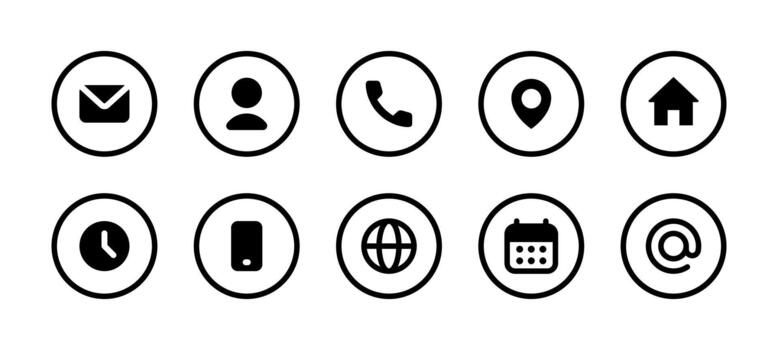Communication icon set. Email, user, phone, location, home and other solid symbols in bold circle style illustration. Communication interface element sign. Modern web navigation pictogram. vector