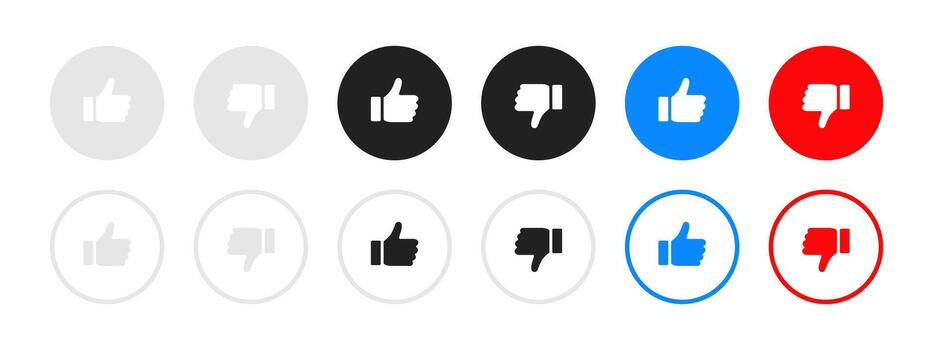 Like dislike icon. Mixed filled and outline thumb symbols in grey, black, blue and red for rating and feedback . Clean reaction set for UI buttons sign. Modern interface choice concept pictogram vector