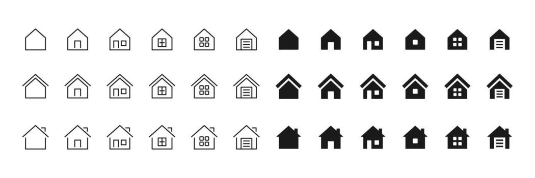 Home icon set. Multiple house variations with outline and solid styles for real estate apps, maps and property tools . Clean residence shapes for UI, navigation and housing services sign. vector
