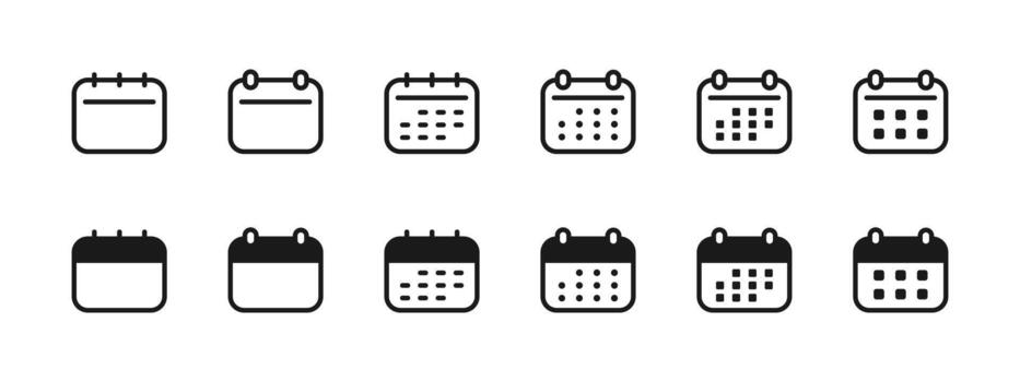 Calendar icon set. Monthly planner with rings and various day-grid layouts illustration. Useful schedule element for marking events sign. Clean organizer layout pictogram concept. vector