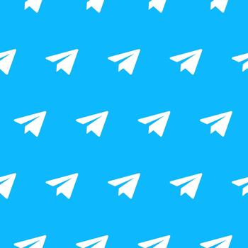 Telegram pattern. White paper plane shapes create a seamless communication on blue background . Social message motif works as a clean digital media symbol. Modern paperplane repeat concept. vector