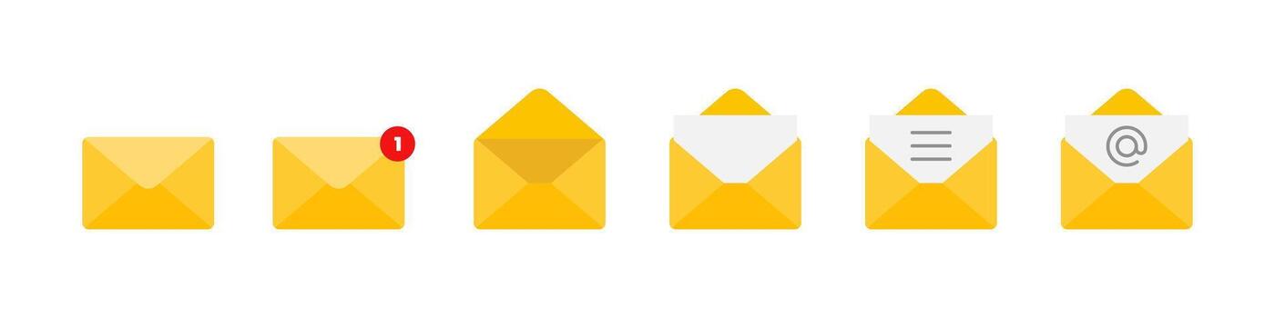 Envelope icon set. Closed, open and new message envelopes with notification badge and paper elements . Email communication set for inbox, alerts and contact actions sign. Modern postal concept. vector