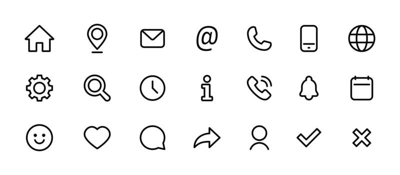 Interface icons set. Home, mail, phone, user, location, globe, settings and other interface elements in clean outline style illustration. Essential web and mobile app tools signs and icons. vector