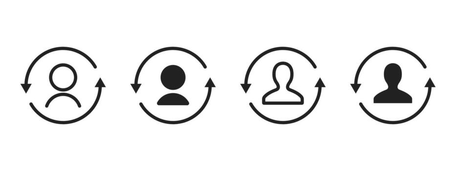 User update icon. Circular arrows show profile refresh process . Person sync cycle for account renewal, identity change and workflow repeat concept symbol. vector