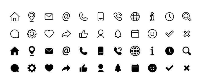 UI icon set. Home, mail, phone, user, chat, settings, clock, bell and other essential interface elements and pictograms illustration. Modern web and mobile navigation sign for apps. Glyph style vector
