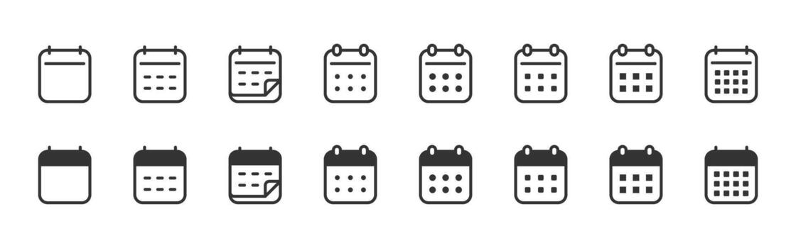 Calendar icon set. Monthly date grid with planner marks for schedule use. Event overview for office tasks symbol. Minimal UI set for organization sign. Modern planning tool pictogram concept. vector