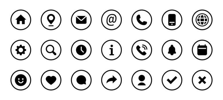 Round UI icon set. Home, location, mail, phone, user, chat, settings and other interface elements in round outline illustration. Essential navigation tools for apps sign and modern web design. vector
