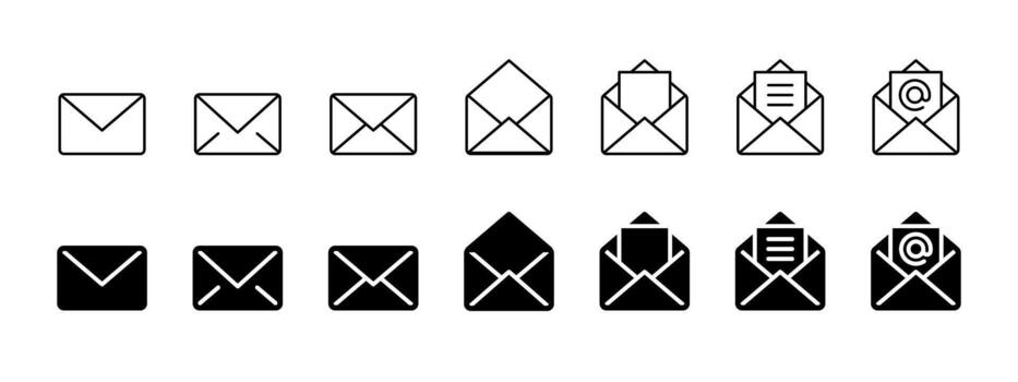 Mail icon set. Closed, open and document envelopes in outline and solid styles . Email message set for inbox, contact forms and postal communication tasks sign. Modern notification concept. vector