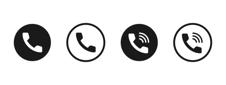 Phone icon. Round handset buttons with ringing waves for call and communication illustration. Mobile contact features, telephone connect tools and hotline support sign. vector