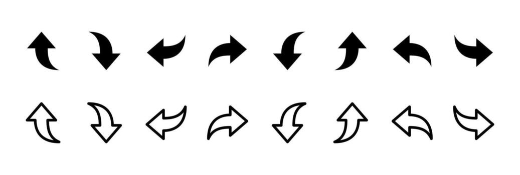 Curved arrow icon. Smooth directional showing turn and movement sign. Useful pointer symbol for navigation, interface actions, route guidance and design concept pictogram. vector