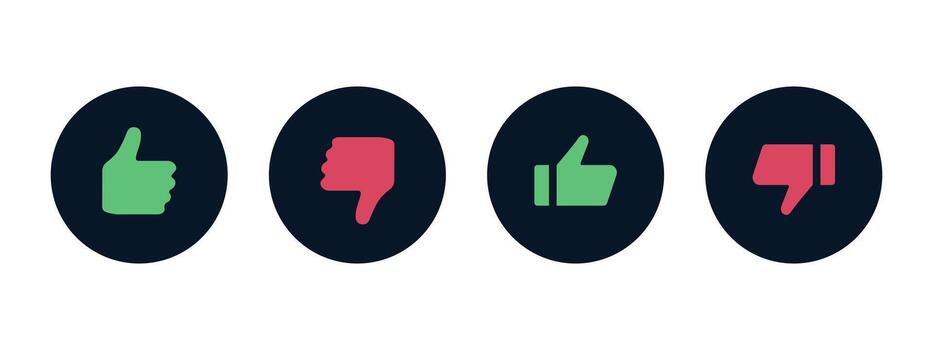 Like dislike icon set. Circular thumbs elements for quick feedback symbol. Clean approve and reject reactions for social interfaces . Modern flat rating choices for UI decisions sign. vector