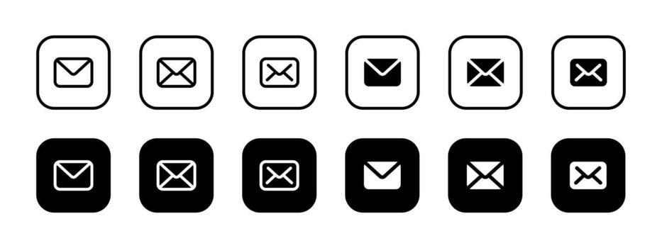 Mail button icon set. Envelope in rounded square frame for email and messages illustration. Interface button for apps and communication tools symbol. Simple correspondence pictogram concept. vector
