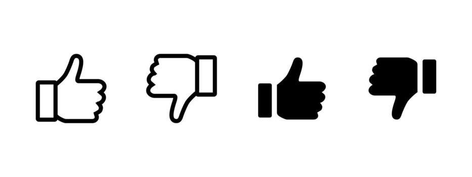 Like dislike icon set. Outline and solid thumb gestures show positive and negative feedback illustration. Useful social rating sign for UI elements, vote choice symbol and reaction pictogram. vector