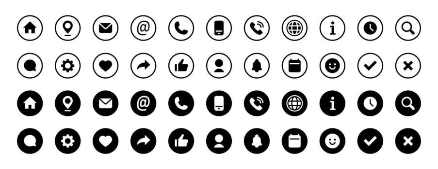 UI icons collection. Outline and solid illustration set with home, location pin, mail, phone, globe, user, clock and other interface elements. Universal web and app design signs. vector