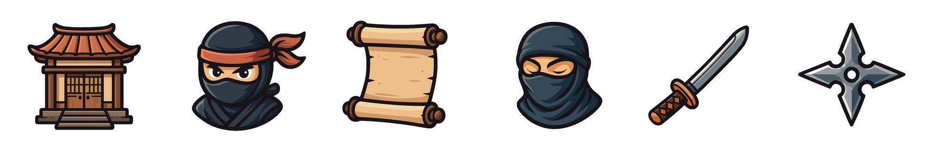 Set of ninja themed cartoon icons including a dojo, warrior masks, a scroll, a sword, and a shuriken weapon, illustrated in a bold style and isolated on a white background vector