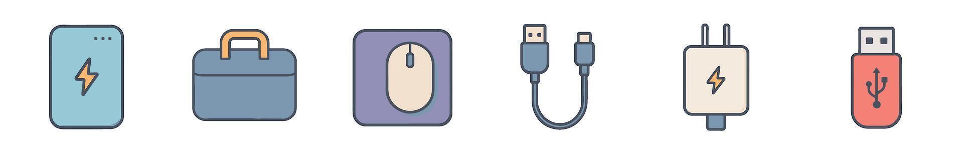 Set of six computer and technology icons including a smartphone, bag, mouse, USB cable, charger, and flash drive, rendered in a flat filled outline style with soft pastel colors, isolated on white vector