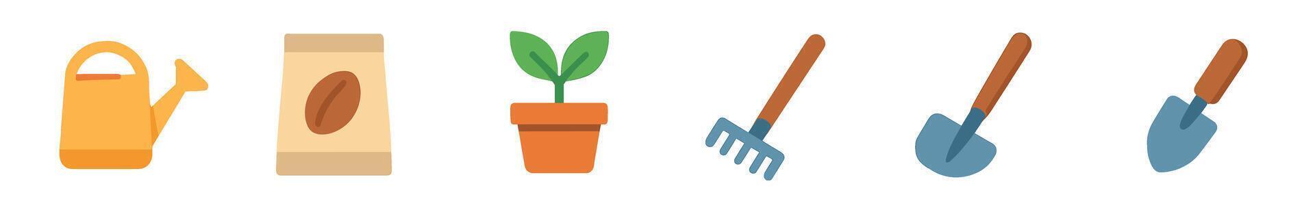 Set of colorful flat gardening tool icons including a watering can, seed packet, seedling, rake, shovel, and trowel for horticulture concepts, isolated on a white background vector