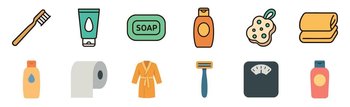 bathroom hygiene icons featuring a toothbrush, soap, shampoo, towel, razor, and bathrobe in a simple flat line art style with bold outlines vector