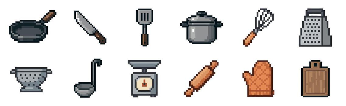 A set of pixel art kitchen utensils and cooking tools in a retro 8-bit style, featuring a pan, knife, pot, whisk, grater, ladle, scale, and cutting board as game sprites vector