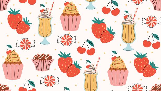 Colorful seamless pattern with Happy Valentines Day elements such as milkshake, strawberry, candy, cherry, cupcake with cherry, chocolate cupcake and tiny dots arranged in a playful random layout. vector