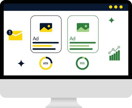 A computer monitor displaying ad and email marketing vector